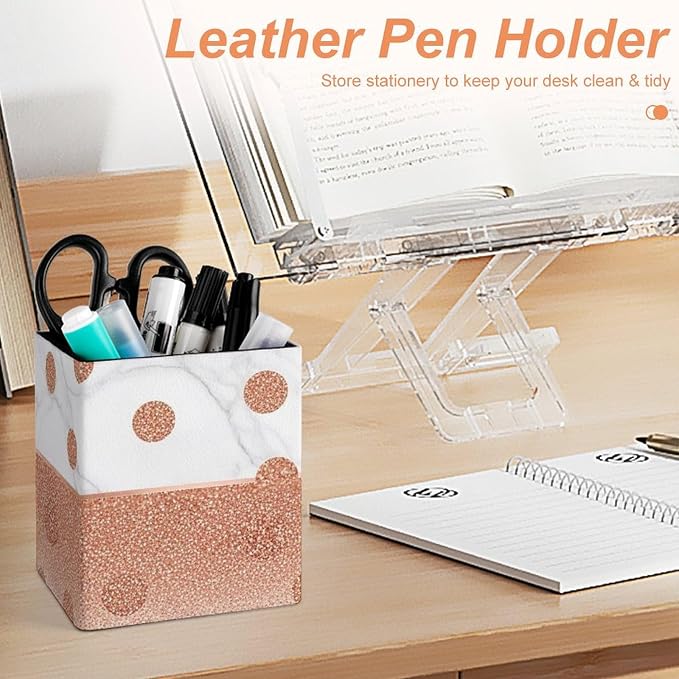 Pen Holder Square Leather Pencil, Holder Cup Makeup Brush Storage Organizer, Waterproof Multifunctional Office Supplies Modern Rose Gold Pink Glitter Dots White Marble