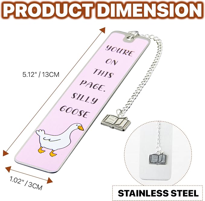 Silly Goose Bookmark, Cute Funny Bookmarks for Women Metal Book Mark Pink Bookworm Bookmark Bookish Accessories Cool Gifts for Book Lovers Reading Club Christmas Birthday Present (Blush Pink)
