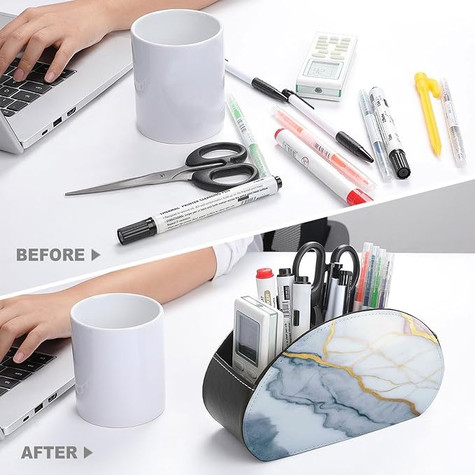 White Gold Marble Texture Remote Control Holder with 5 Compartments Leather TV Remote Caddy Remote Storage Box Desktop Organizer for Pen/TV Remotes/Media Controllers/Office Supplies
