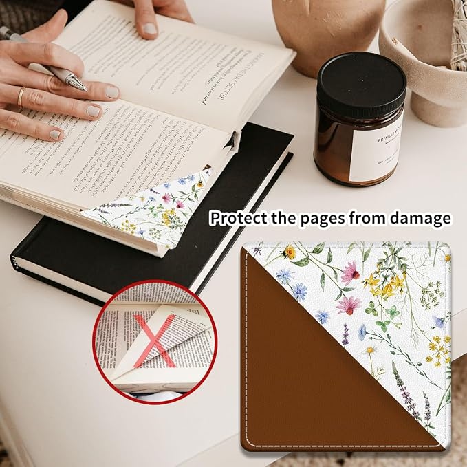 Cute Leather Bookmarks, Fun Triangle Making Corner Bookmark, Book Accessories for Reading Book Lovers, Unbreakable Page Markers for Women Men Beautiful Flowers and Plants