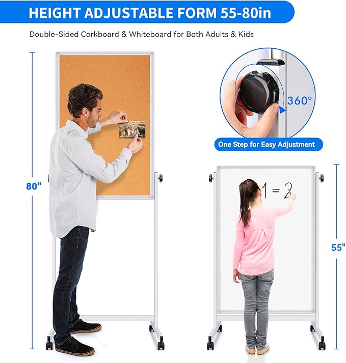 Mobile Whiteboard and Cork Board Combo, 48 x 32 Double-Sided Magnetic Dry Erase Board on Wheels, Height Adjustable Rolling Easel Board for Classroom, Office, Home