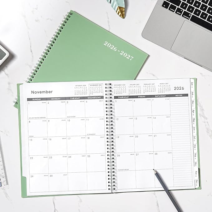 2026-2027 Monthly Planner - Planner/Calendar 2026-2027, JUL 2026 - DEC 2027, 9" x 11", Thick Paper, Twin-Wire Binding, Monthly Planner with Tabs & Pocket & Label, Green