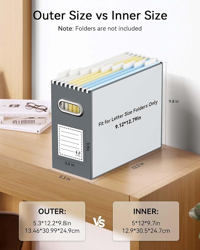 Oterri File Organizer Box, Portable Collapsible Cardboard File Folder Organizer with Handle for Letter Size Hanging Files, Document Storage Box for Home Office & Classroom (2 Packs, Dark Grey)