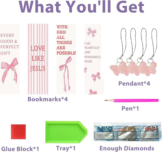 Pink Bow Diamond Art Bookmarks for Adults, Pink Bow Diamond Painting Bookmarks with Pendant, 5d Gem Art, Acrylic Bookmark Easy DIY Crafts for Books Decor Gift