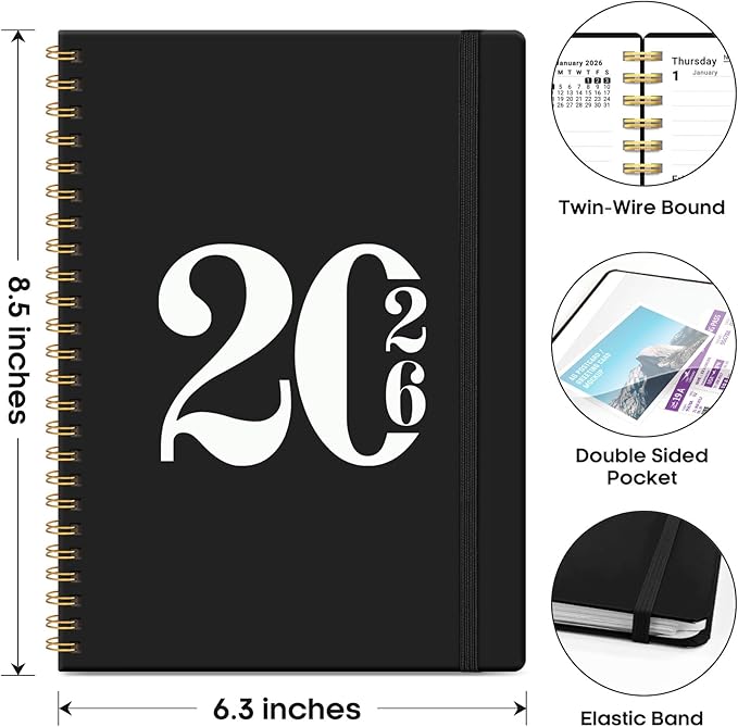 2026 Planner, Weekly and Monthly Calender Planner, Jan 2026 to Dec 2026, Hardcover 2026 Calendar Book with Tabs & Inner Pocket, Office Home School Supplies for Women & Men - A5 (6.3" x 8.5"), Black