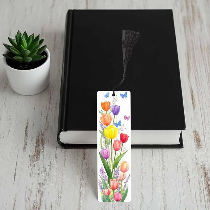 Tulips Flower 5 Pcs Bookmarks Bouquet Art Watercolor Butterflies Wooden Bookmarks with Tassel for Students Reader Teachers Book Lovers