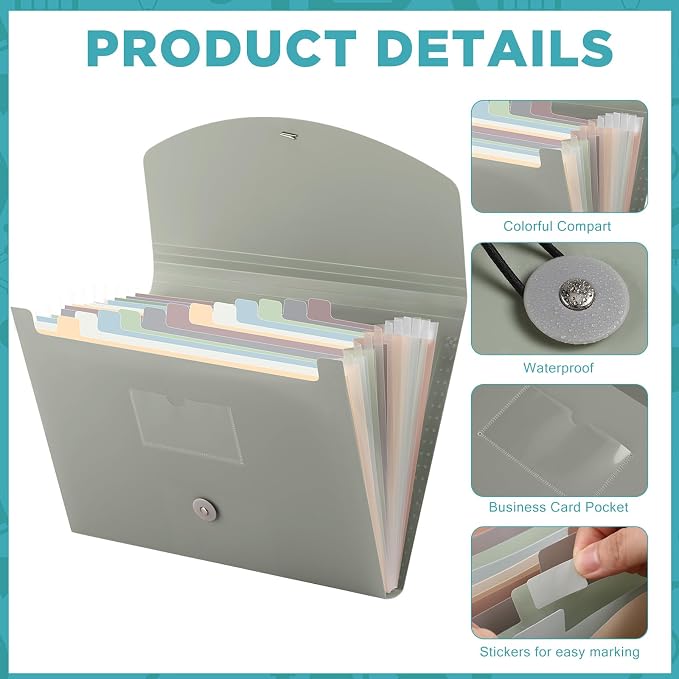 Cholemy Expanding File Folder 13 Pockets File Organizer with Labels A4 Letter Size Receipt Document Organizer Plastic Expandable Filing Folders for Office, Home(Green)