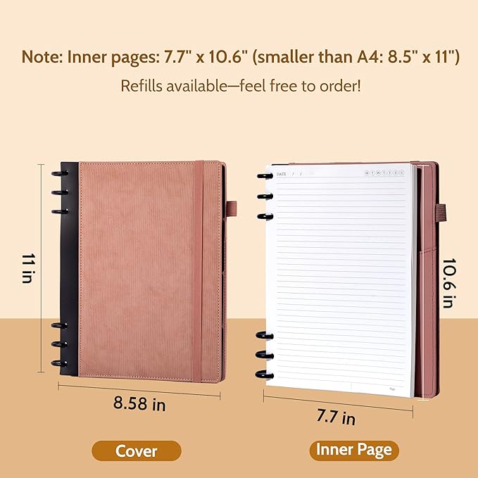 Yoment Refillable Notebooks for Work 5 Subject with Removable Dividers Tabs 240 Pages Hardcover Leather Journals for Writing Large Discbound Planner Colleged Ruled Paper for Women Men 8.58 x 11,Pink