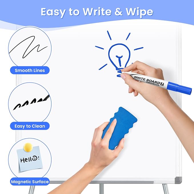 MAKELLO Flip Chart Easel, Magnetic Dry Erase Board with Stand for Office Classroom Home School, Extended Display Arms and Adjustable Height, 36x24 in