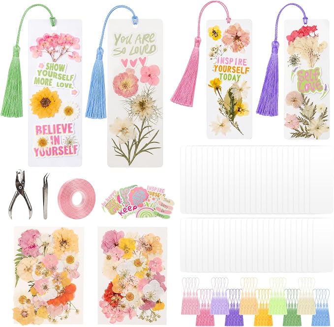 Pressed Flower Bookmark Kit,233Pcs Dried Flower Book Mark Making Kits,Includes 80 Dried Flowers,50 Laminating Pouches,50 Tassle and Puncher,Handmade Craft Gift DIY Bookmarks for Women Girl Book Lovers