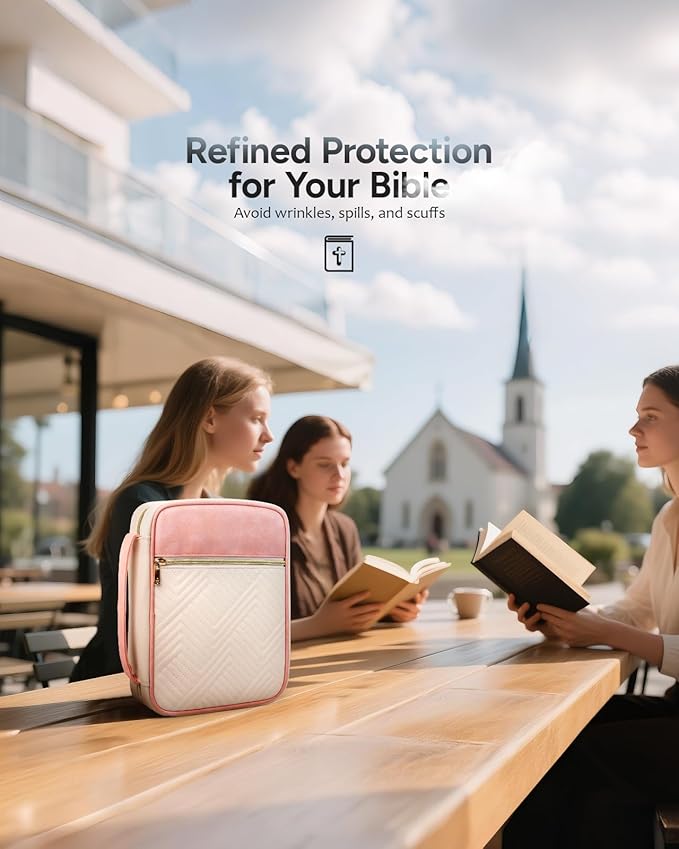 BellaHold Quilted Vegan Leather Bible Cover, Color-Blocked Bible Cover Case for Women, Bible Carrying Case with Handle, Bible Study Supplies & Christian Gift for Women and Girls (White & Pink, M/L)