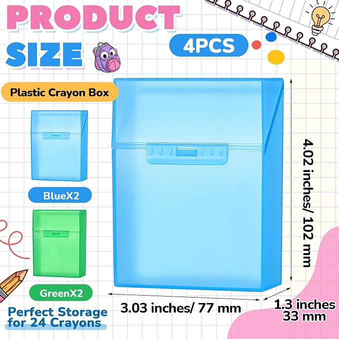 Clabby 4 Pcs Plastic Crayon Organizer Case for 24 Count Crayons Kids Art Supply Storage Box with Lid, Portable Holder for Classroom Home Travel, Fits Standard 24-Pack Crayon (Blue,Green)