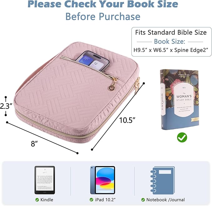 APLUFINE Quilted Bible Cover for Women, Zippered Organizer Bag with Sleeve for Study Supplies, Accessories & Journals, Church Carrying Gift for Girls, Book Carrying Case