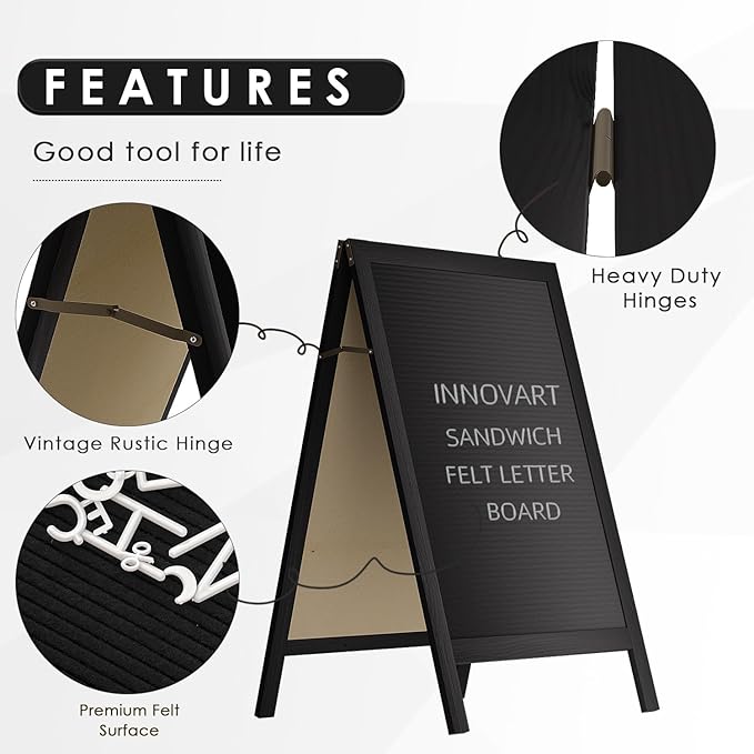 INNOVART A-Frame Sidewalk Sign 36”x20”, Sandwich Felt Letter Board w/Changeable Letters, Double-Sided Felt Letter Board, Free Standing Letter Board Easel for Restaurant, Business, Wedding, Black