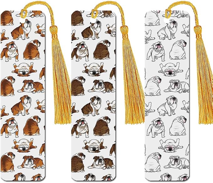 WIRESTER Set of 3 Metal Bookmarks with Light Gold Tassel for Students, Reader, Teachers, Book Lovers - English Bulldog, White English Bulldog, Brindle Brown English Bulldog Funny Playful Postures