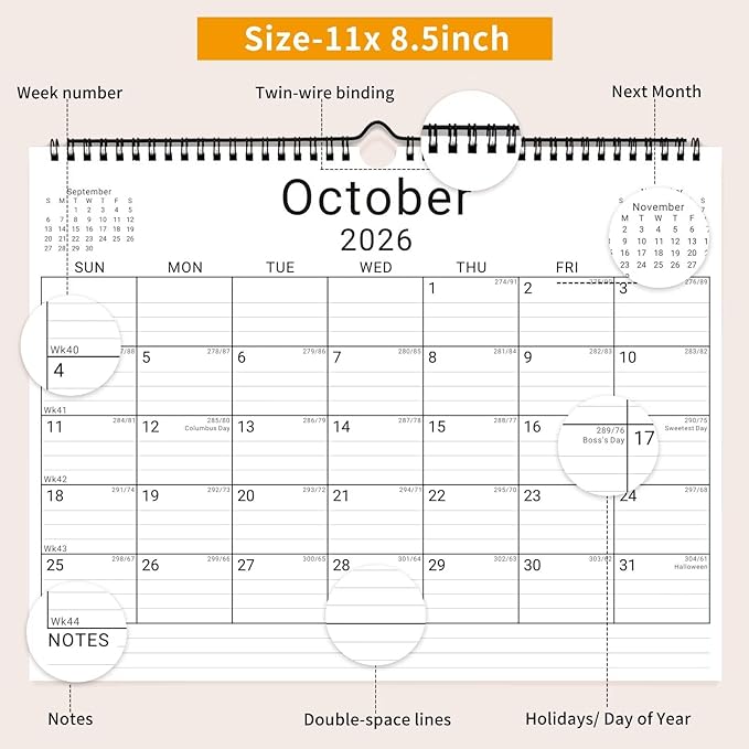2026 Wall Calendar, 12 Month 11”x8.5 ‘’ Year Monthly Organizer from January 2026-2027 Small Mini Horizontal Blank Spiral Bound Wire Hanging Calendar w/ Lines for Family, Home, Kitchen, Office White3