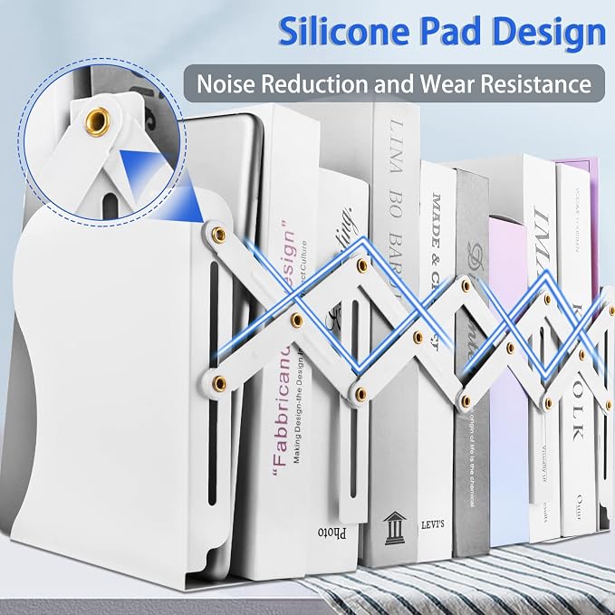 2PCS Carooyac Heavy Duty Bookends to Hold Books - Adjustable Metal Bookends for Shelves - White Book Holders - Extends up to 19