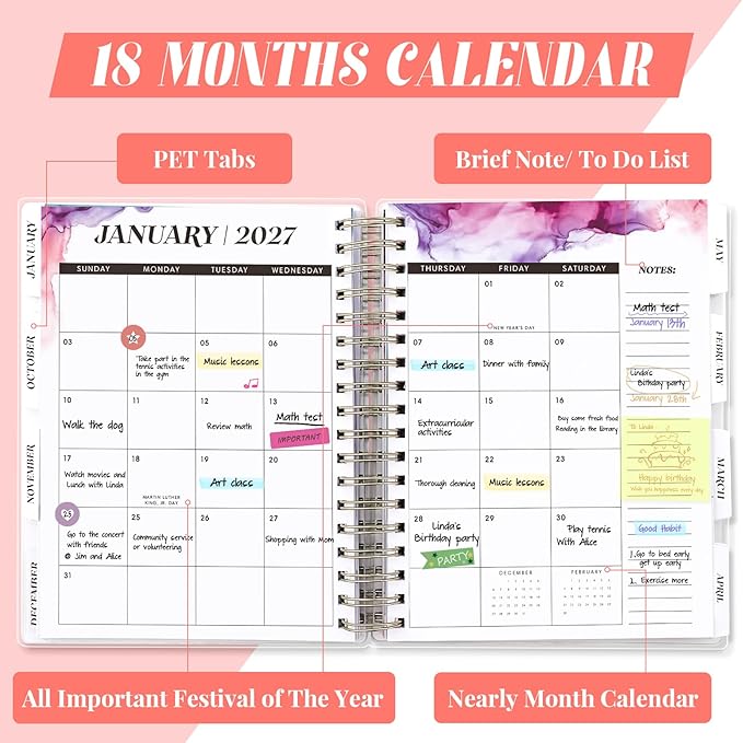 Planner 2026-2027, Large 18 Months Academic Daily Weekly Monthly Planner Yearly Agenda Jan. 2026–June. 2027, 7.9" x 9.8", Page Tabs, Separator Page, Pocket Folder, Bookmark, Stickers, Sticky Note Set