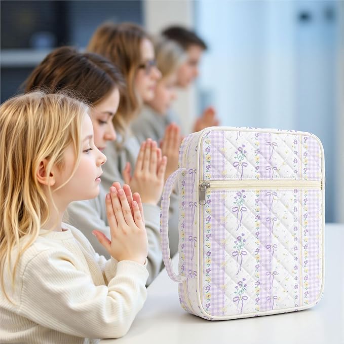 WOBAGMEN Bible Cover Case for Women,Large Bible Tote Bags Organizer Quilted Carrying Case for Girls,Bible Study Supplies Accessories Christian Gifts for Women (Purple Bow Floral pin, M)