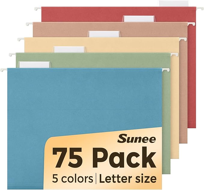 SUNEE Hanging File Folders, Retro Colors - 75 Pack, Colored File Folders Letter Size with 1/5-Cut Tabs, Ideal for Organizing Home and Office Documents