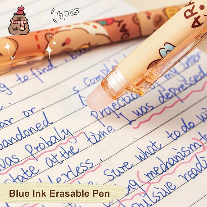 MOZXIRZ 6 Pcs Cute Erasable Retractable Pens Erasable Gel Ink Pens Cartoon Capybara Pen 0.5mm Fine Point Blue Ink Pen Cartoon Writing Pen Office School Pens Women Girls Boys (Blue Ink-Capybara)