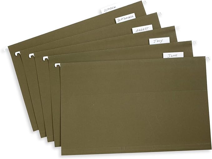 Blue Summit Supplies 50 Legal Size Hanging File Folders, 1/5 Cut Adjustable Tabs, 5 Tab Locations, Designed for Legal and Law Office File Organization, Standard Green, 50 Pack, Legal Size