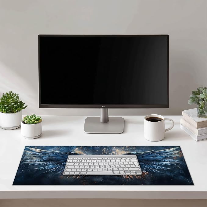 HOMETITUTE Large Mouse Pad XL 31.5 x 11.8 Inch Black Blue Flame Wing Gaming Desk Mat Extended Keyboard Pad Computer Desk Pad Waterproof Non Slip Mouse Pads for Desktop Office Accessories