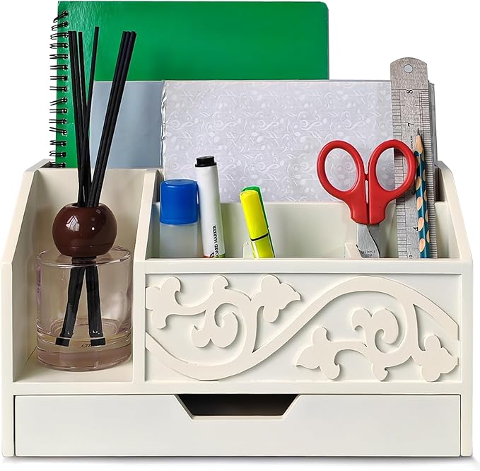 White Wooden Mail Organizer with Drawer, Three Tiered Desk Accessories for Office Organization and Storage, Stylish Countertop Document Storage, Home/Office/Classroom Supplies (White01)
