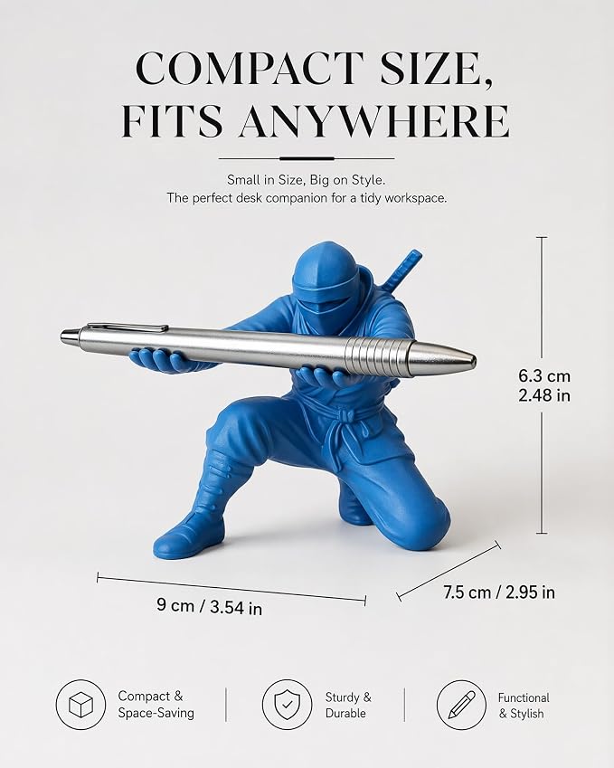Ninja Pen Holder, 3D Printed Single Pencil Holder Display Stand, Cool Desk Organizers and Decor for Men, Birthday Gift, Father's Day, Office, Home (Blue)