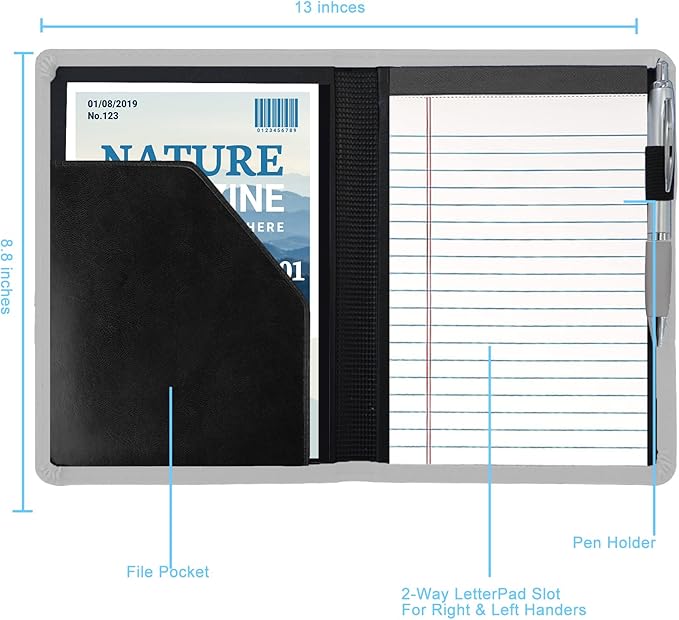 A5 Padfolio Business Portfolio Folder,Junior Size Document Folder Organizer, Padfolio with Interior Pocket and Pen Loop, 5 x 8 Writing Pad Included, Light Pink.