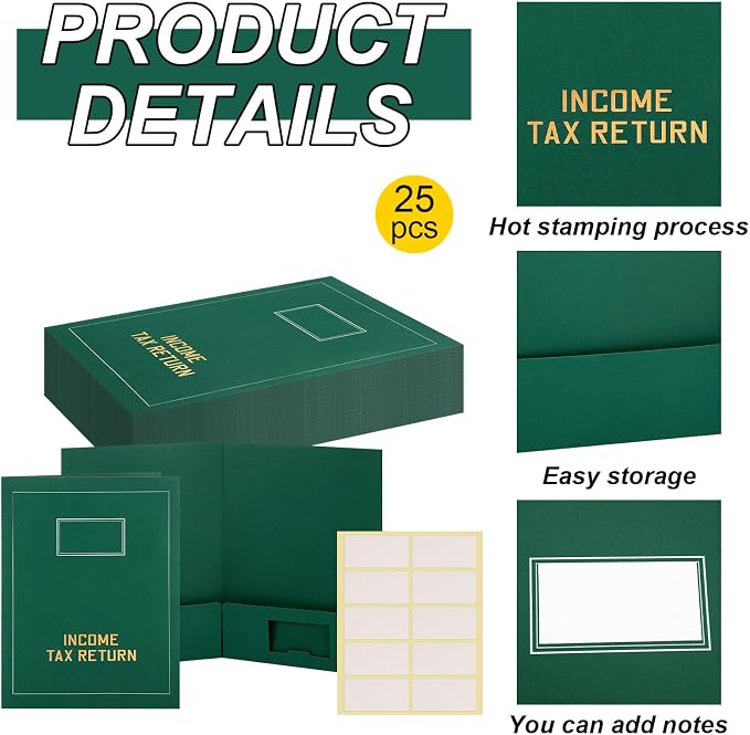 Kisston 25 Pcs Tax Return Folders Bulk 2 Pocket Gold Foil Stamped Income Tax Folders with Blank Labels Business File Office Organizer (Green)