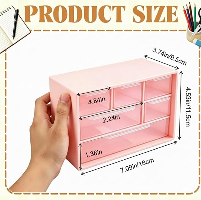 Briwooody 6 Pack Desk Storage Organizer with 6 Drawers 3 Tier Stackable Desktop Storage Box Drawers 7.1''x3.9''x4.7 ''plastic Craft Organizer Drawer for Stationery Makeup Office School(Pink)
