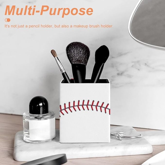 Baseball Ball Square Leather Pen Holder, Minimalist Desk Organizer for Office Home School, Pencil & Stationery Storage Box, Gift for Students Teachers Colleagues