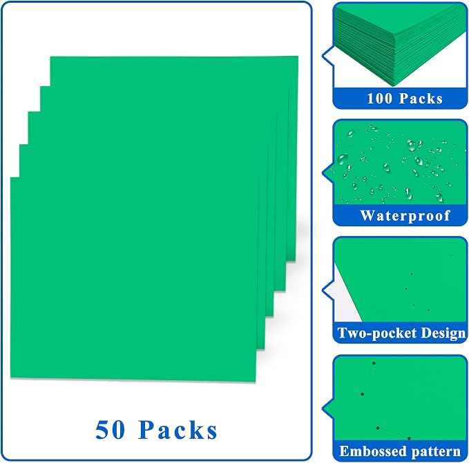 Zzrywuty 50 Packs Paper Green Folders with Pockets for Students,Businessmen and Office Workers,Letter Size,Two Pocket Folders with Card Slot for Office,Business,School Supplies
