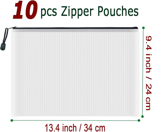 10 Pcs Zipper File Bags, Waterproof Plastic Mesh Pouch for Office School, Board Game Storage Bags (A4 Size 13.4''x9.4'', White and Black)