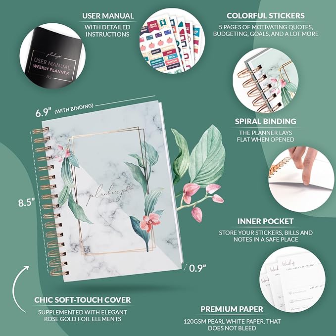 PLANBERRY Weekly Planner Premium – Undated Life Organizer & Budget Planner – Time Management, Goal Setting, To-Do List, Work-Life Balance & Habit Tracker – 6.9″ x 8.5″ (Natural Green)