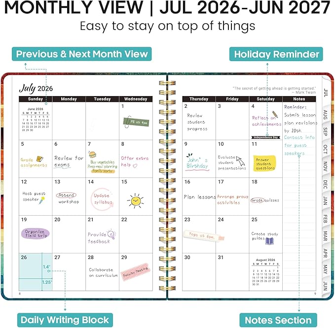 Academic Planner 2026-2027, Weekly and Monthly Calendar Book, July 2026 – June 2027, Hardcover Planner with Tabs, Perfect for Teachers, Students, Women & Men, A5 (6.4" x 8.5") - Wood