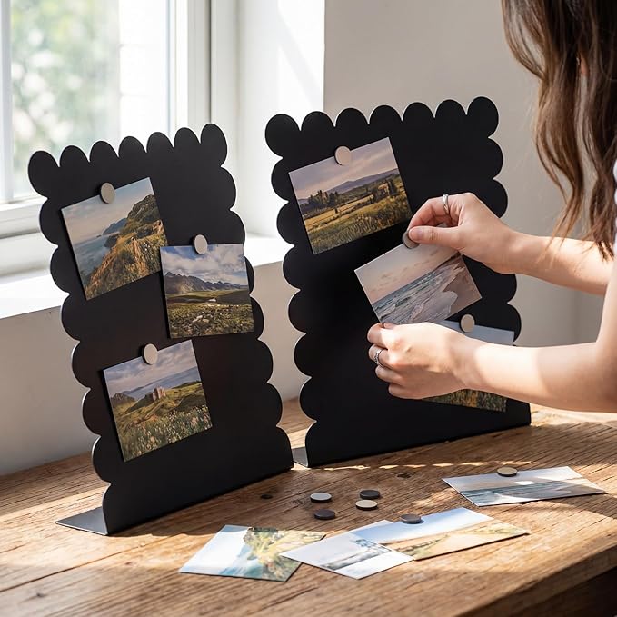 Gueevin 2 Pcs Magnet Board Standing Magnetic Metal Board for Desk and Wall 12.6" x 11" Scalloped Magnetic Display Stand for Memos, Photos and Documents Home Office School Supplies(Black,Medium)