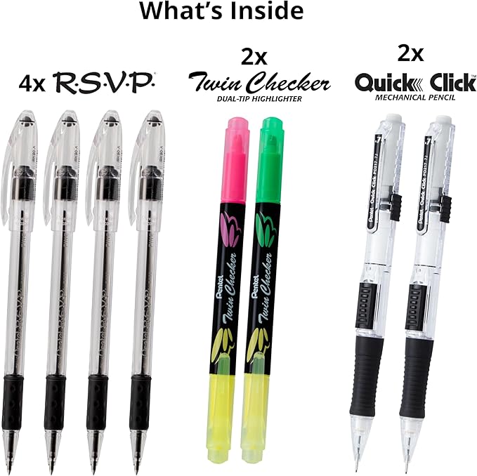 Pentel Note Taking Essentials 8 pack - 4 black RSVP 0.7mm ballpoint pens, 2 Twin Checker Highlighters, 2 Quick Click 0.7mm Mechanical Pencils