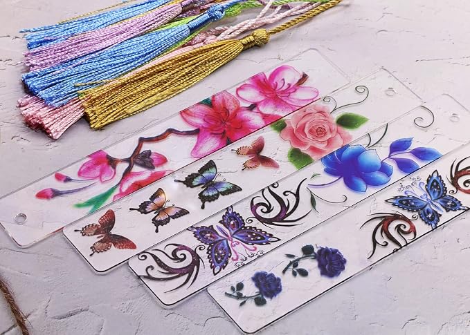 Blank Clear Acrylic Bookmarks Penta Angel 20Pcs Plastic Craft Transparent Acrylic Book Page Marks with 20Pcs Small Book Page Marks Tassels for DIY Projects and Graduation Gift Tag (Rectangle)