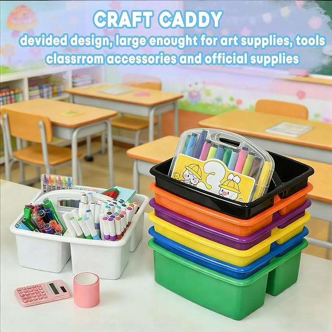 Plastic Storage Caddy Organizers, 6 Pcs Portable Teacher Classroom Supply Caddies with Handle, 3-Compartment Utility Craft Art Caddy for Kids, School Classroom and Office Organization, White