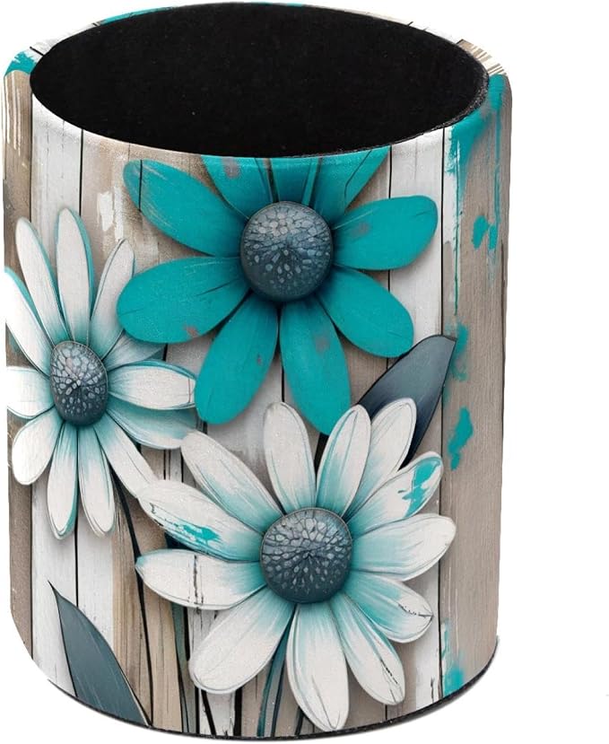 Pen Pencil Holder for Desk, Teal Daisy Butterfly Farmhouse Makeup Brush Holders Leather Pen Organizer Pencil Caddy for Office Home Art Supply