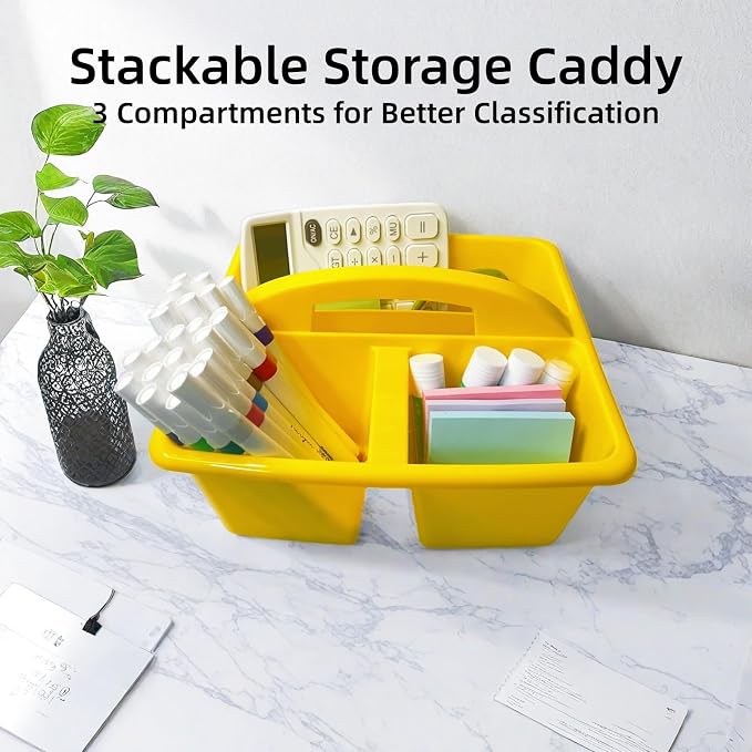 6 Pack Classroom Caddy with Handle, Plastic Storage Caddy Organizer with 3 Compartments, Desk Caddies Portable Storage Bin for Pencil, Crayon, Marker, Home, Office, Classroom Supply, Rainbow Colors