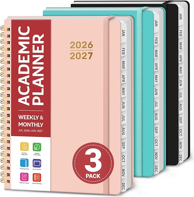 Planner 2026-2027 for Women & Men, Set of 3, Academic Monthly and Weekly Calendar Planner, Jul 2026 - Jun 2027, A5 (6.3" x 8.5"), Teacher Student Planning Book with Tabs, Ideal for Office School Supplies - Black Pink Aquamarine
