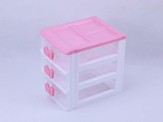 Pink 3-Tier Desk Organizer – Compact Plastic Storage Box for Makeup, Jewelry, School Supplies & Art Crafts – Desktop Tidy for Bedroom Vanity or Dorm Room (Classical)