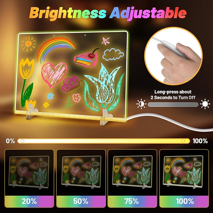 19 Highlighter,Led Note Board with Colors,11.8"X7.9",4 Modes & 7 Colors Lumiboard Led Drawing Board for Kids,Light Up Sign,Acrylic Dry Erase Board with Stand,Include Adapter,Hanging Chain,Spray Bottle