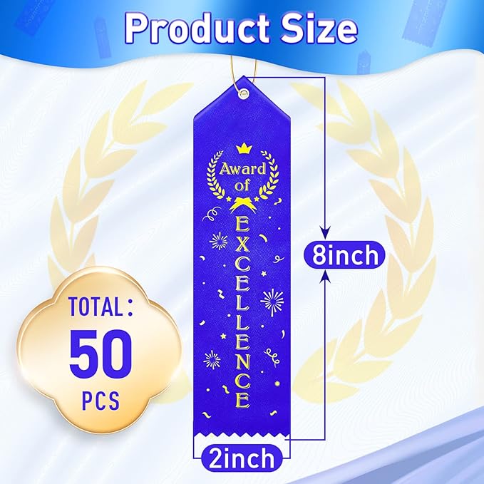 Award of Excellence Ribbons Award Prize Achievement Ribbon with Event Card and Rope for Kids Competition, Sports Event, Contests, School, Office Team(50 Pieces)