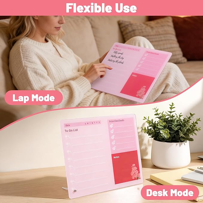 LeMotech Desktop Acrylic Dry Erase Board, 12x10 inches to-Do List Planner, Tabletop Whiteboard with Stand Office Supplies Includes 2 Markers & 1 Eraser,Pink Rose Pattern, 2 Pack