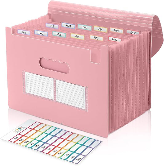 SKYDUE Accordion File Organizer, Expanding File Folder with 13 Pockets, Portable Document Paper Bill Receipt Organizer, Home School Pink Office Supplies, Letter A4 Size