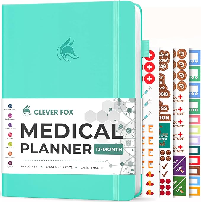 Clever Fox Large Medical Planner 12-Month – Medical Notebook, Health Diary, Wellness Journal to Track Health – 12 Months, 7x10.5″ (Light Turquoise)